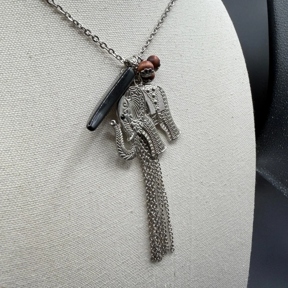 Elephant Statement Necklace Silver Tone Black Tusk Wood Beads Boho Tassel Gift